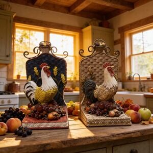 Vintage Rooster Bookends Resin Farmhouse Country Kitchen Decor Set of 2 chic